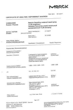 Сертификат Називин Сенситив для взрослых 22,5 мкг/доза спрей назальный 10 мл