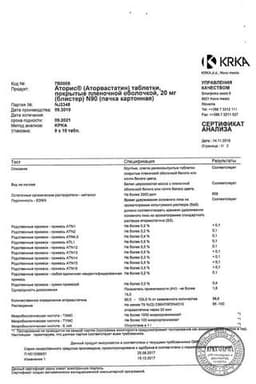 Сертификат Аторис 20 мг таблетки 90 шт