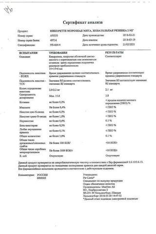 Сертификат Никоретте резинка жевательная 2 мг Морозная мята 30 шт