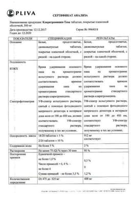 Сертификат Кларитромицин-Тева 500 мг таблетки 14 шт