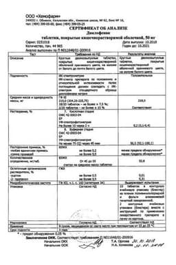 Сертификат Диклофенак 50 мг таблетки 20 шт