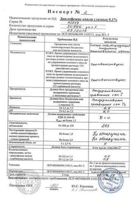 Сертификат Диклофенак 0,1% капли глазные 5 мл