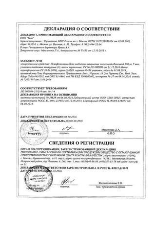 Сертификат Левофлоксацин-Тева таблетки 500 мг 14 шт