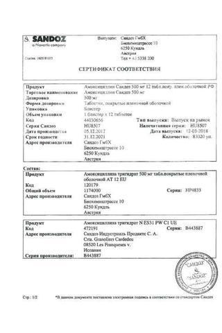 Сертификат Амоксициллин Сандоз таблетки 0,5 г 12 шт