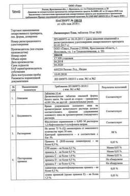 Сертификат Лизиноприл-Тева 10 мг таблетки 30 шт