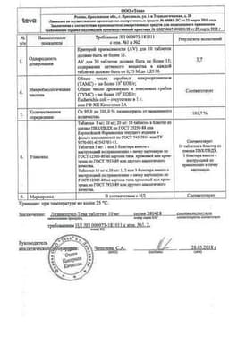 Сертификат Лизиноприл-Тева 10 мг таблетки 30 шт