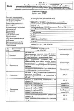 Сертификат Лизиноприл-Тева 5 мг таблетки 30 шт