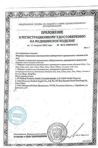 Сертификат Шприц одноразовый СФ Медикал 3-компонентный 5 мл