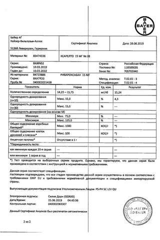 Сертификат Ксарелто таблетки 15 мг 28 шт