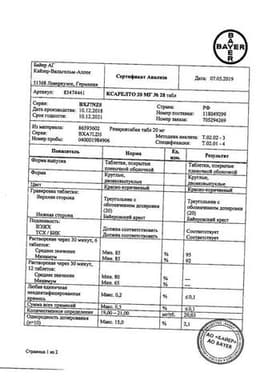 Сертификат Ксарелто 20 мг таблетки 28 шт