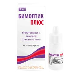 Бимоптик Плюс 0,3 мг/мл+5 мг/мл капли глазные 3 мл